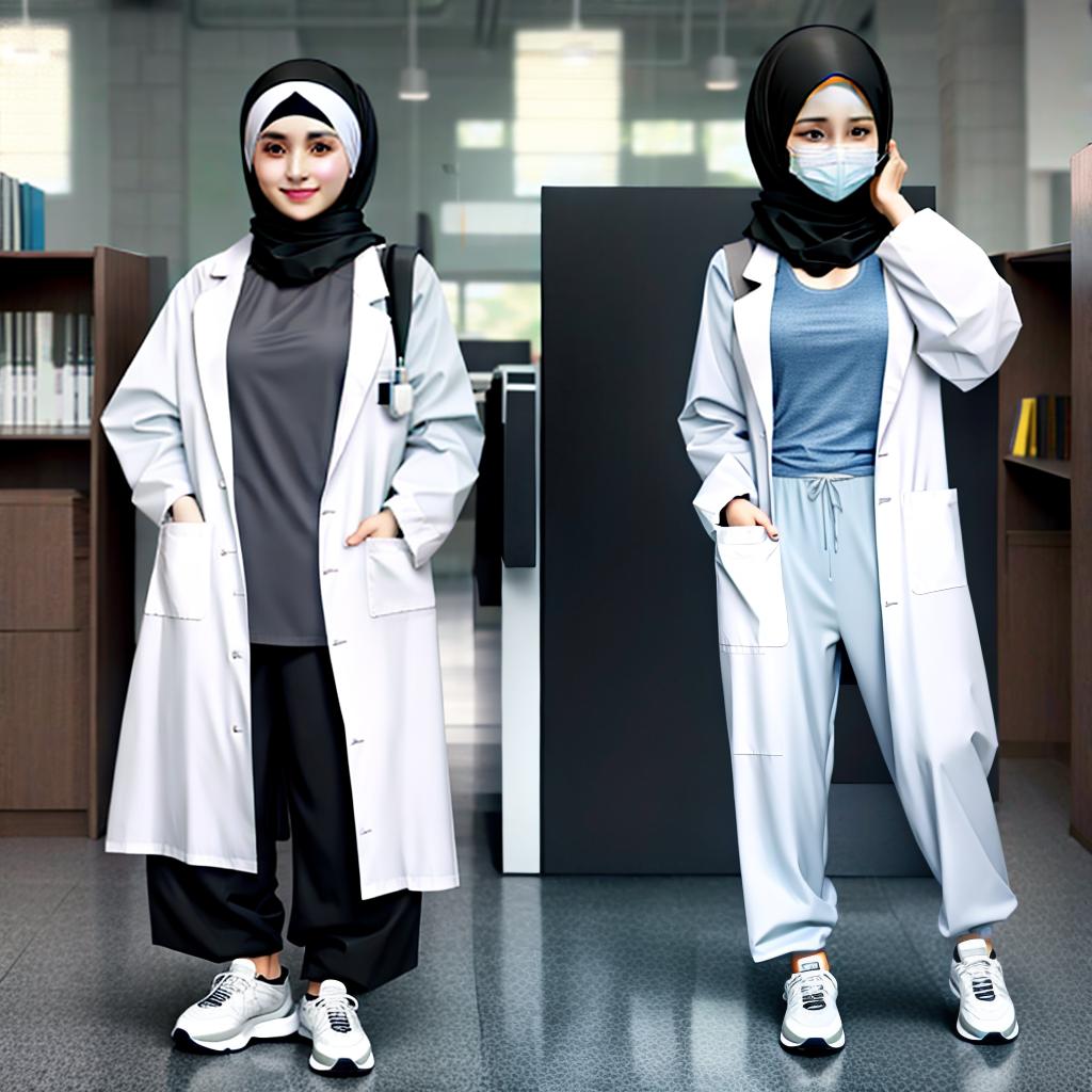  masterpiece, best quality, tank top,light smile,scientist,girl,best quality,full body,lab coat,hand in pocket,library,medium hair,black hair,sneakers, medium body, hijab, long loose pants