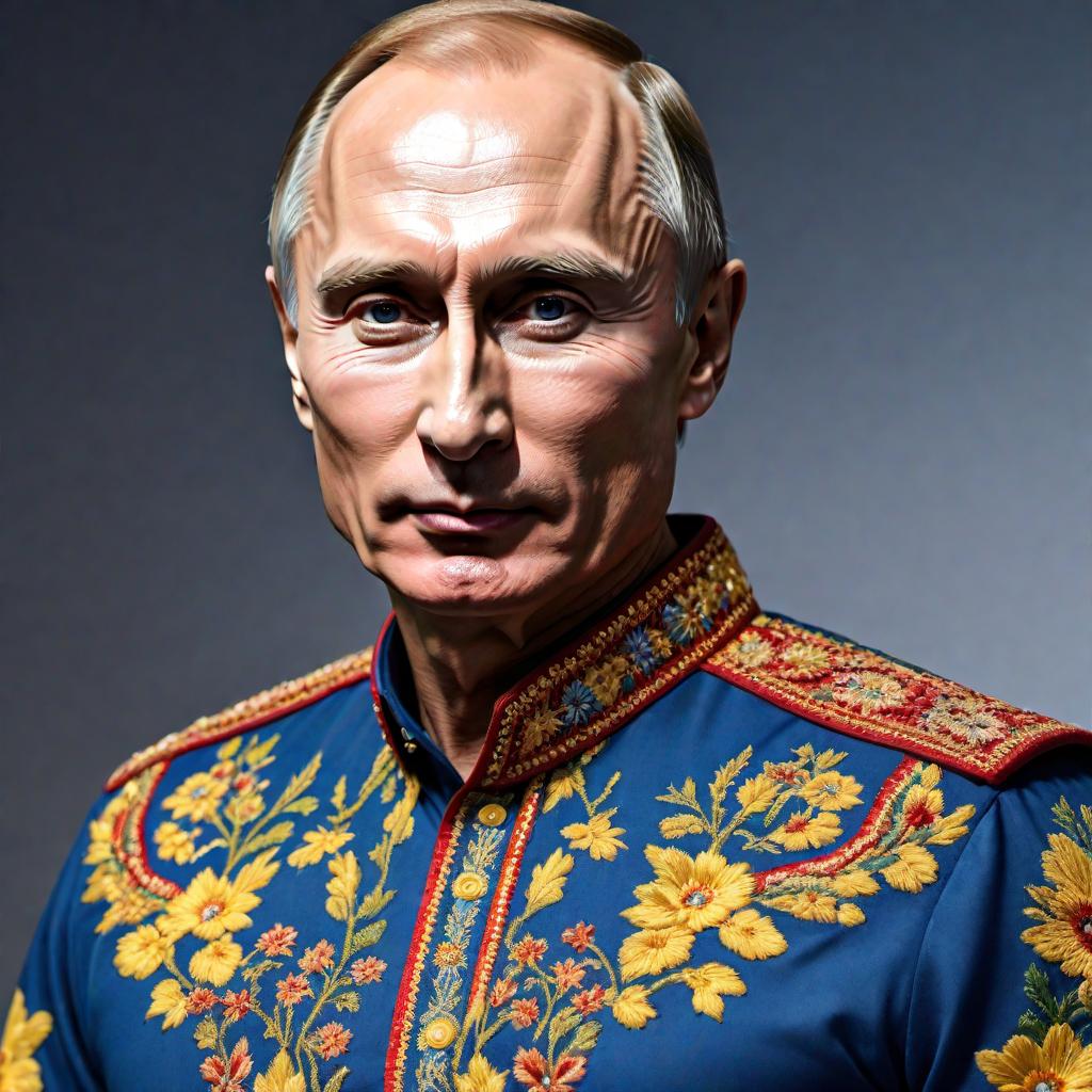  Generate a photo of Vladimir Putin wearing a Ukrainian embroidered shirt. hyperrealistic, full body, detailed clothing, highly detailed, cinematic lighting, stunningly beautiful, intricate, sharp focus, f/1. 8, 85mm, (centered image composition), (professionally color graded), ((bright soft diffused light)), volumetric fog, trending on instagram, trending on tumblr, HDR 4K, 8K