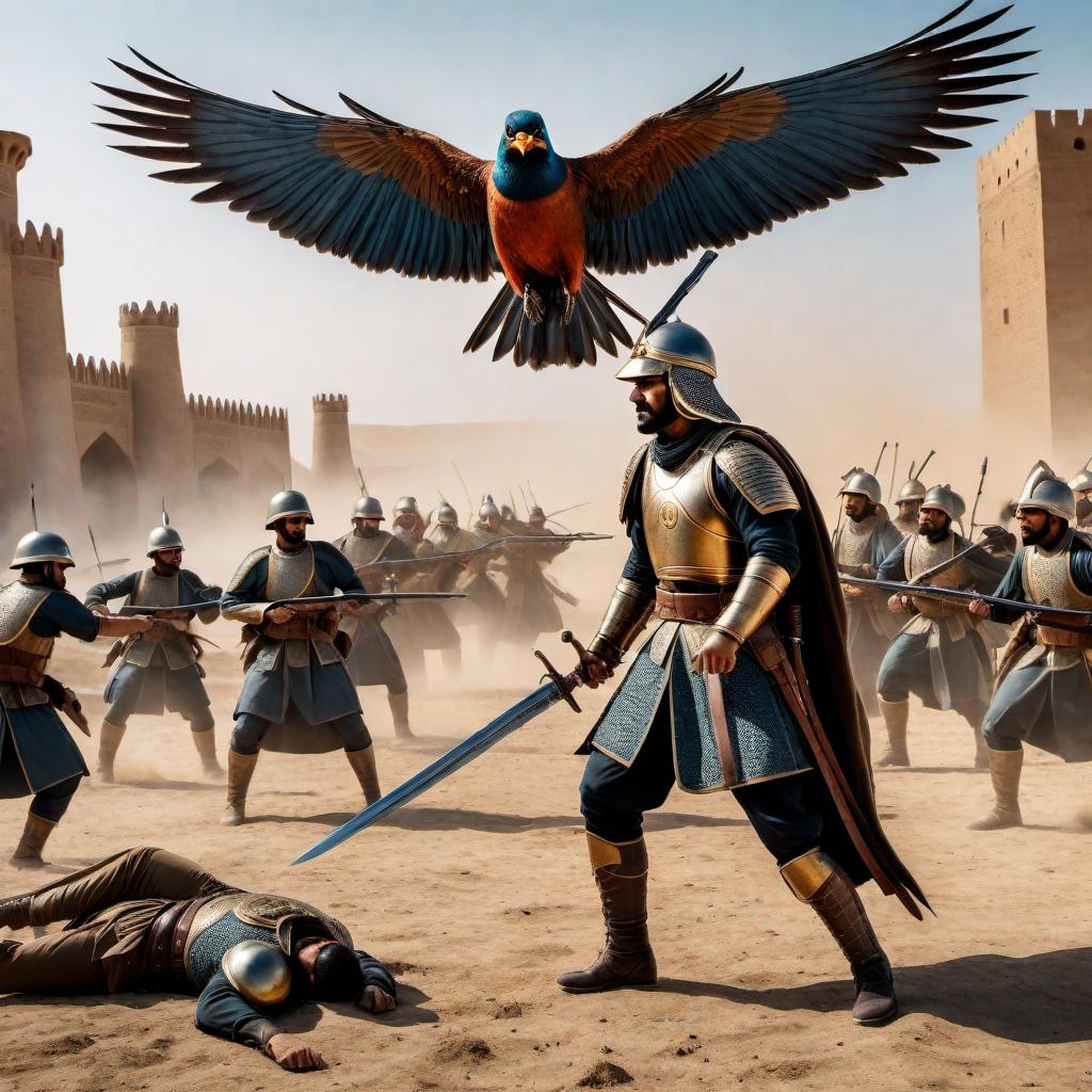  A surreal scene of a bird engaged in a battle with Iranian soldiers, set in an ancient battlefield backdrop. The bird should be depicted as large and powerful, with fierce eyes and dynamic wings showing action. Iranian soldiers should be historically dressed, equipped with swords, shields, and ancient armor. The setting should be dramatic with dust, shadows, and elements of chaos, reflecting an intense and epic war scene. hyperrealistic, full body, detailed clothing, highly detailed, cinematic lighting, stunningly beautiful, intricate, sharp focus, f/1. 8, 85mm, (centered image composition), (professionally color graded), ((bright soft diffused light)), volumetric fog, trending on instagram, trending on tumblr, HDR 4K, 8K