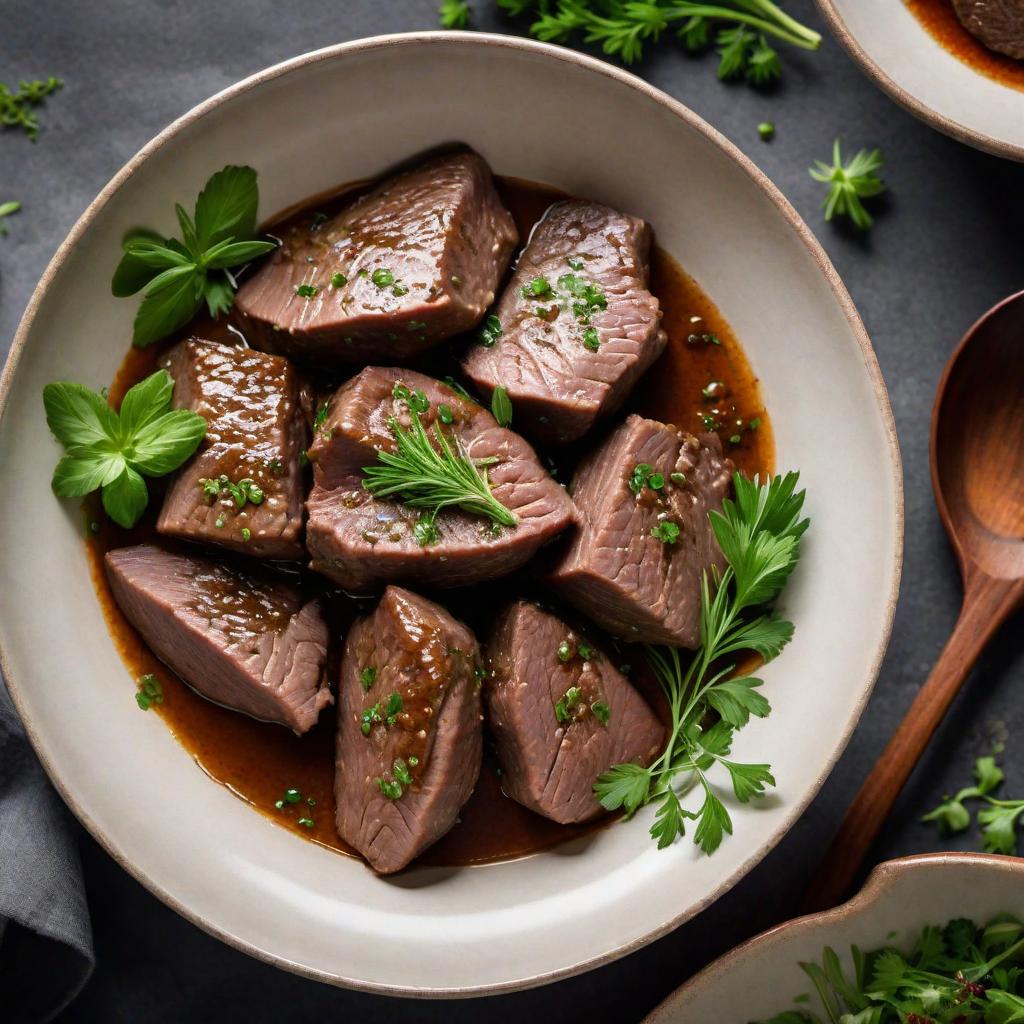  A small bowl filled with cooked liver, garnished with herbs hyperrealistic, full body, detailed clothing, highly detailed, cinematic lighting, stunningly beautiful, intricate, sharp focus, f/1. 8, 85mm, (centered image composition), (professionally color graded), ((bright soft diffused light)), volumetric fog, trending on instagram, trending on tumblr, HDR 4K, 8K