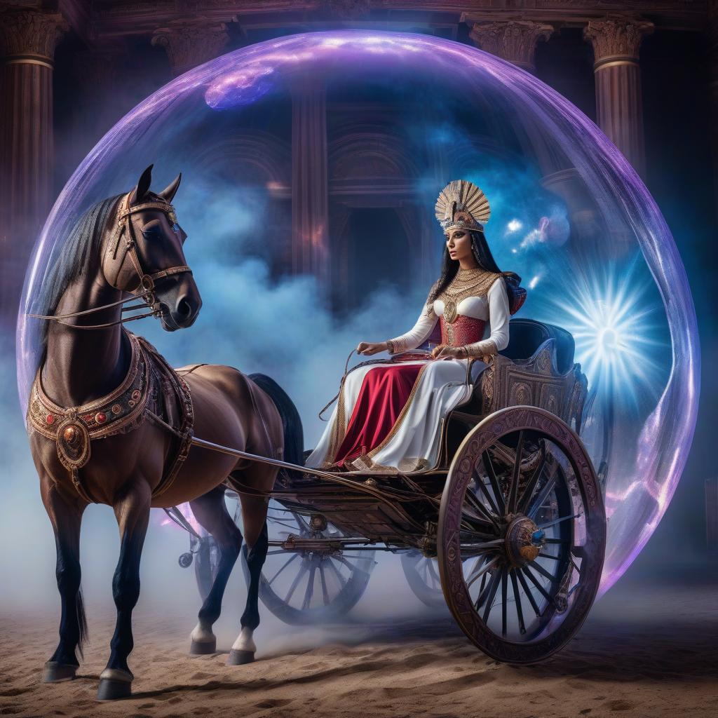  Fantasy picture. Digital photo, Cleopatra controls a two wheeled carriage drawn by two horses in a glowing sphere, emitting white blue red luminescence, neon violet sparks, mystical glow. Dust from the wheels of the carriage flies fantastically flashing. A detailed fantastic, surrealist background intertwines in an unusual whimsical ornament. Delicate details. Reflections. hyperrealistic, full body, detailed clothing, highly detailed, cinematic lighting, stunningly beautiful, intricate, sharp focus, f/1. 8, 85mm, (centered image composition), (professionally color graded), ((bright soft diffused light)), volumetric fog, trending on instagram, trending on tumblr, HDR 4K, 8K