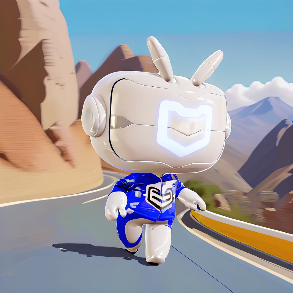  anxiaozhi,a cute white robot with white mask wears racing uniform,(drive a racing cartoon blue car:1.5),On the winding mountain road.