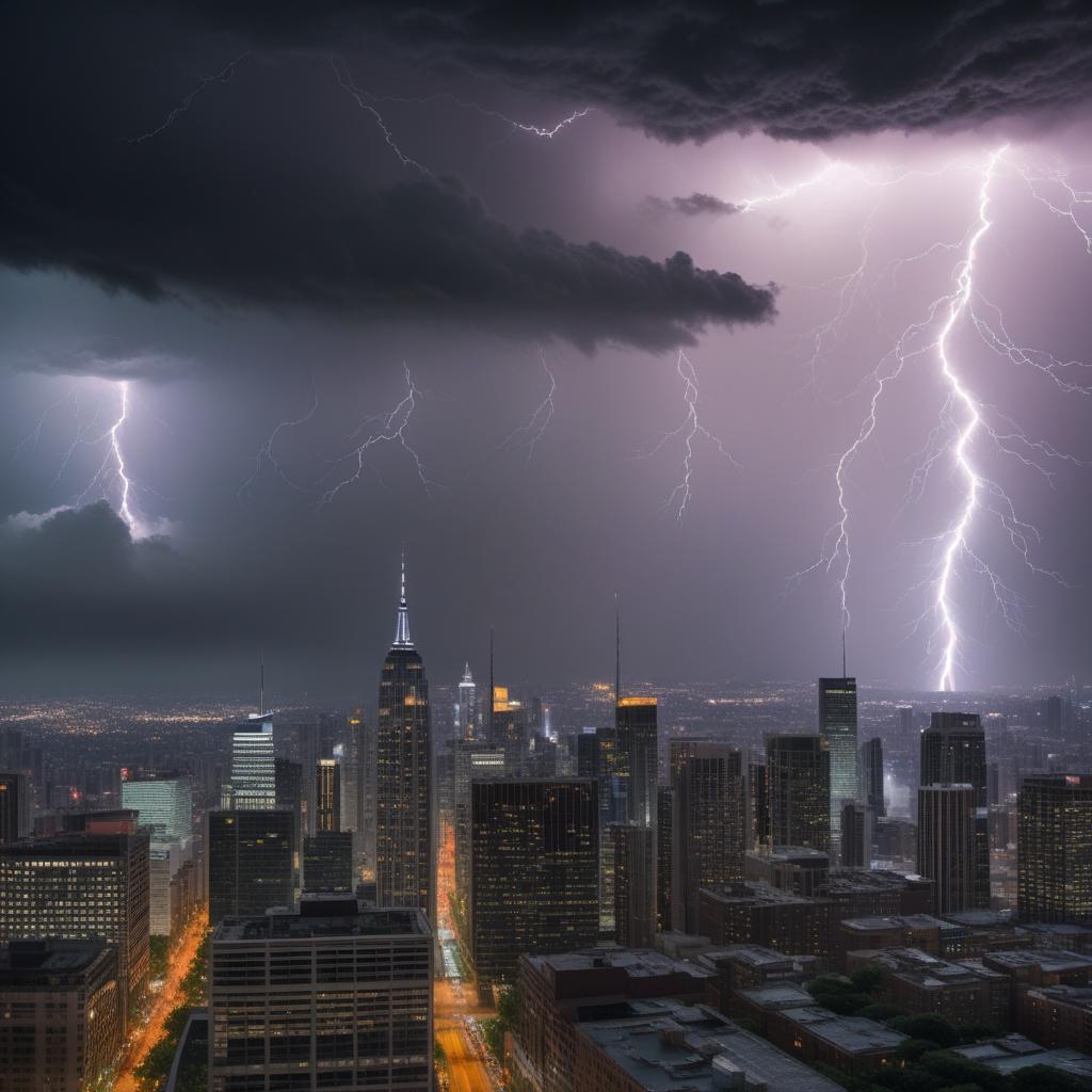  A dramatic and powerful image of a rainstorm with dark clouds, lightning, and heavy rainfall over a city skyline. hyperrealistic, full body, detailed clothing, highly detailed, cinematic lighting, stunningly beautiful, intricate, sharp focus, f/1. 8, 85mm, (centered image composition), (professionally color graded), ((bright soft diffused light)), volumetric fog, trending on instagram, trending on tumblr, HDR 4K, 8K