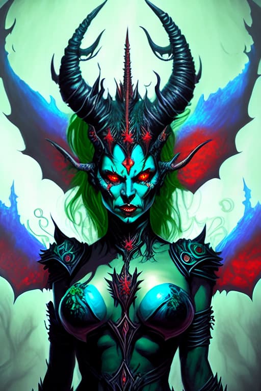  Green and blue demon queen with red eyes, horns and fairy wings in flames