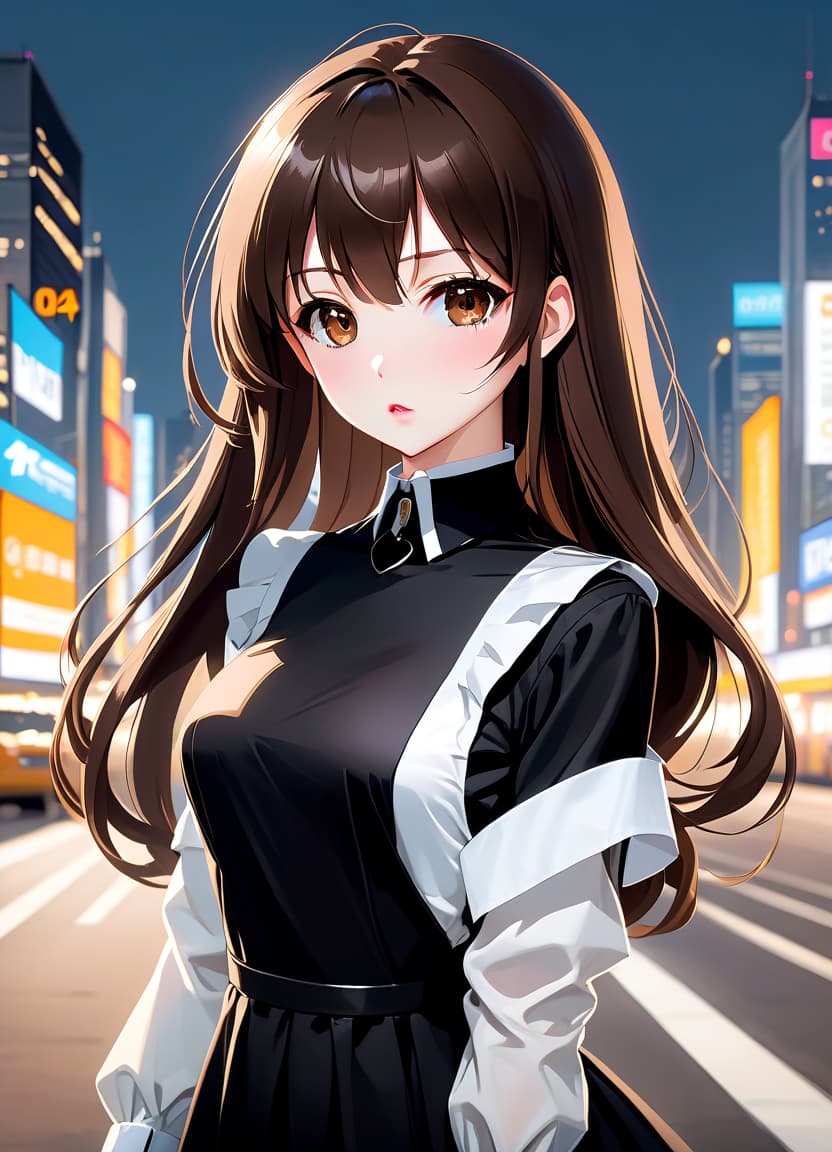  anime artwork beautiful , , oblique bangs, a mole under the lower lip in the middle of the chin. white skinned, European, brown eyes, long brown straight hair, side bangs, mole under the lower lip, slender figure, small neat s, dressed in a black dress with a white collar and white cuffs, full length, against the backdrop of a modern city. Skyscrs of Moscow City (photorealism, oil painting: 1.3), (full length shot: 1.3), charming , long flowing black hair, (large sensual mouth: 1.2), plump lips, sparkling brown eyes , narrow waist, (sensual drawing: 1.2), silvery glow, ethereal aura, detailed brushwork, intricate shadows and highlights, mysterious and captivating expression, unique color palette, masterf hyperrealistic, full body, detailed clothing, highly detailed, cinematic lighting, stunningly beautiful, intricate, sharp focus, f/1. 8, 85mm, (centered image composition), (professionally color graded), ((bright soft diffused light)), volumetric fog, trending on instagram, trending on tumblr, HDR 4K, 8K