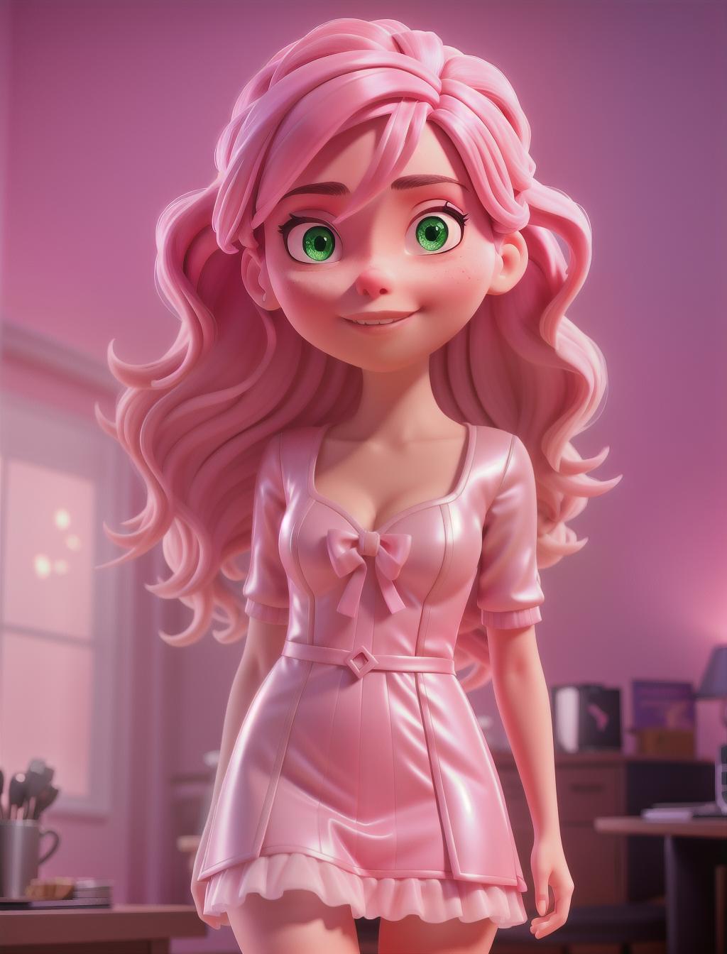  Girl with light pink skin and dark pink hair with a glittery dark pink dress in the inside out headquarters hyperrealistic, full body, detailed clothing, highly detailed, cinematic lighting, stunningly beautiful, intricate, sharp focus, f/1. 8, 85mm, (centered image composition), (professionally color graded), ((bright soft diffused light)), volumetric fog, trending on instagram, trending on tumblr, HDR 4K, 8K