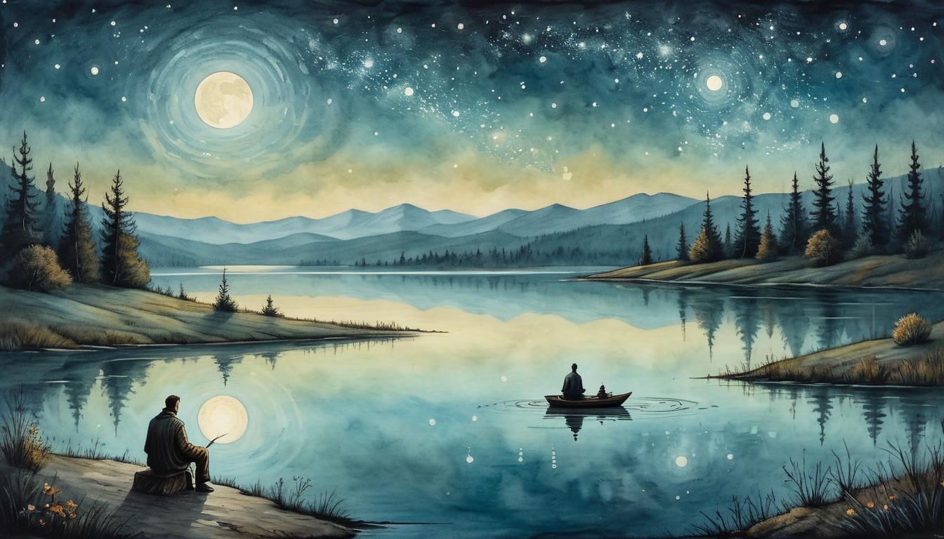  on parchment, surrealism+++, Solitary figure sitting by a quiet lake under a starlit sky, deep reflection, gentle ripples on water, serene and introspective mood, cosmos reflected in the lake(mysterious, provocative, symbolic,muted color)+++