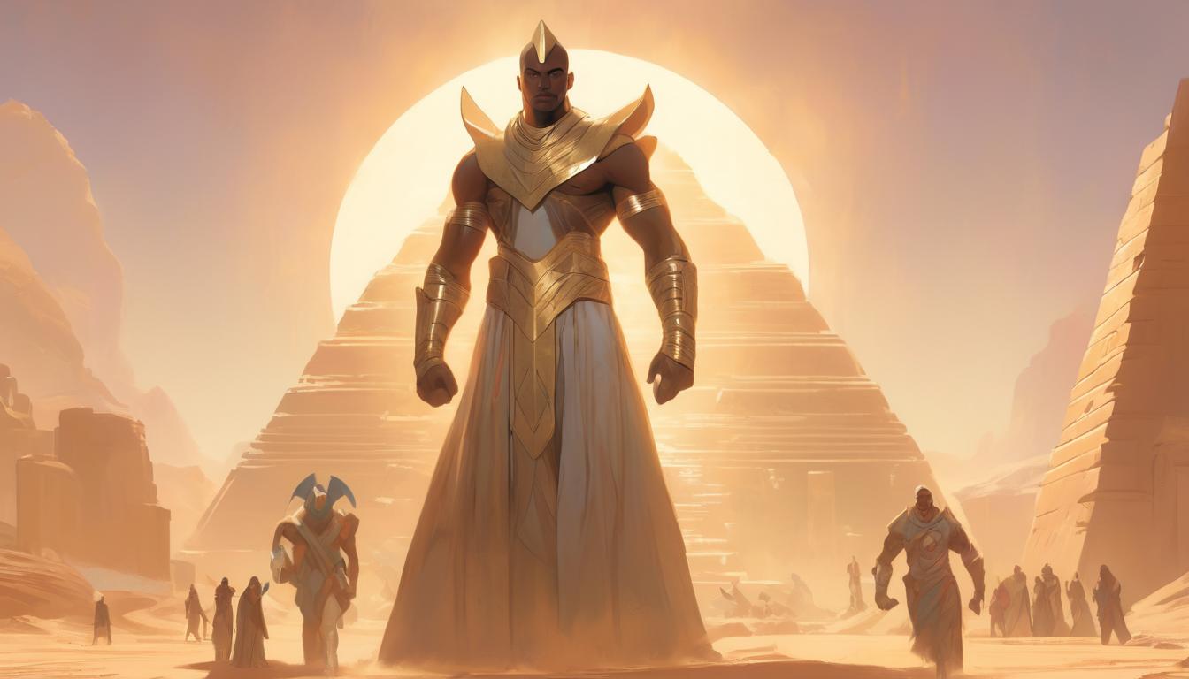  hyperrealism,fantasy aestheticImhotep surrounded by an aura of light, holding a model of the Step Pyramid, desert backdrop, duality of idea and creation, enduring legacy, brilliance transformed, high tech clothing clad in sleek, futuristic costume with metallic accents and form fitting designs, marvel superhero comics style, unreal engine rendering