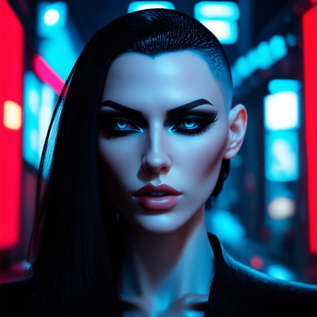  ultra realistic close up portrait ((beautiful pale cyberpunk female with heavy black eyeliner)), blue eyes, shaved side haircut, hyper detail, cinematic lighting, magic neon, dark red city, Canon EOS R3, nikon, f/1.4, ISO 200, 1/160s, 8K, RAW, unedited, symmetrical balance, in frame, 8K hyperrealistic, full body, detailed clothing, highly detailed, cinematic lighting, stunningly beautiful, intricate, sharp focus, f/1. 8, 85mm, (centered image composition), (professionally color graded), ((bright soft diffused light)), volumetric fog, trending on instagram, trending on tumblr, HDR 4K, 8K