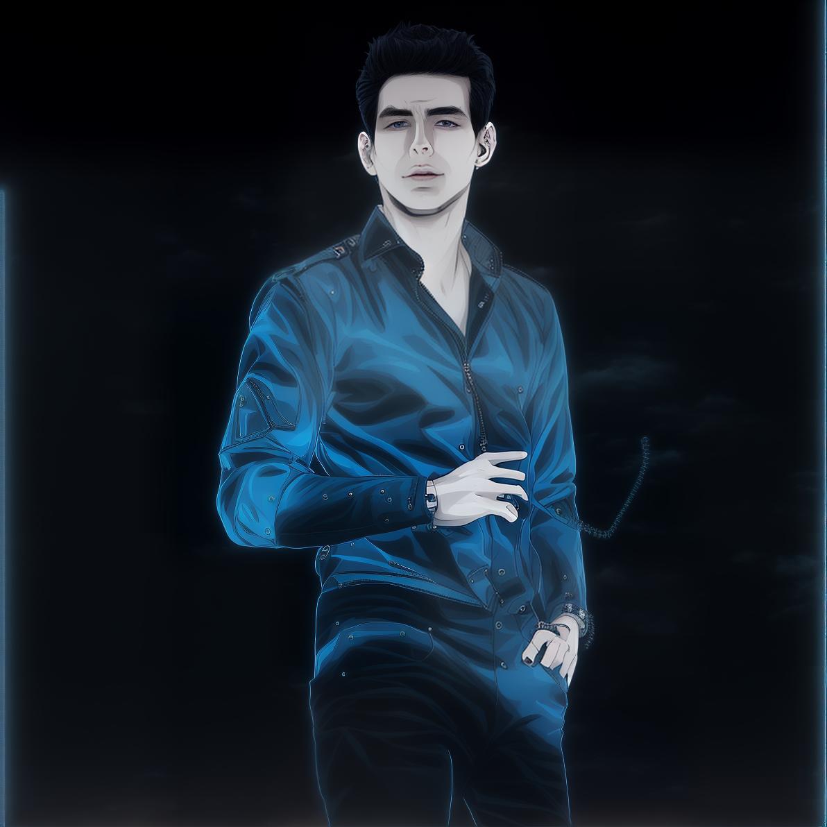 mdjrny-v4 style Anime style portrait of a young man with short, spiky black hair and blue eyes. He is wearing a black jacket over a white shirt, paired with dark jeans and combat boots. The background features an urban cityscape at dusk, illuminated by neon lights. Detailed and expressive, with a confident and determined look.