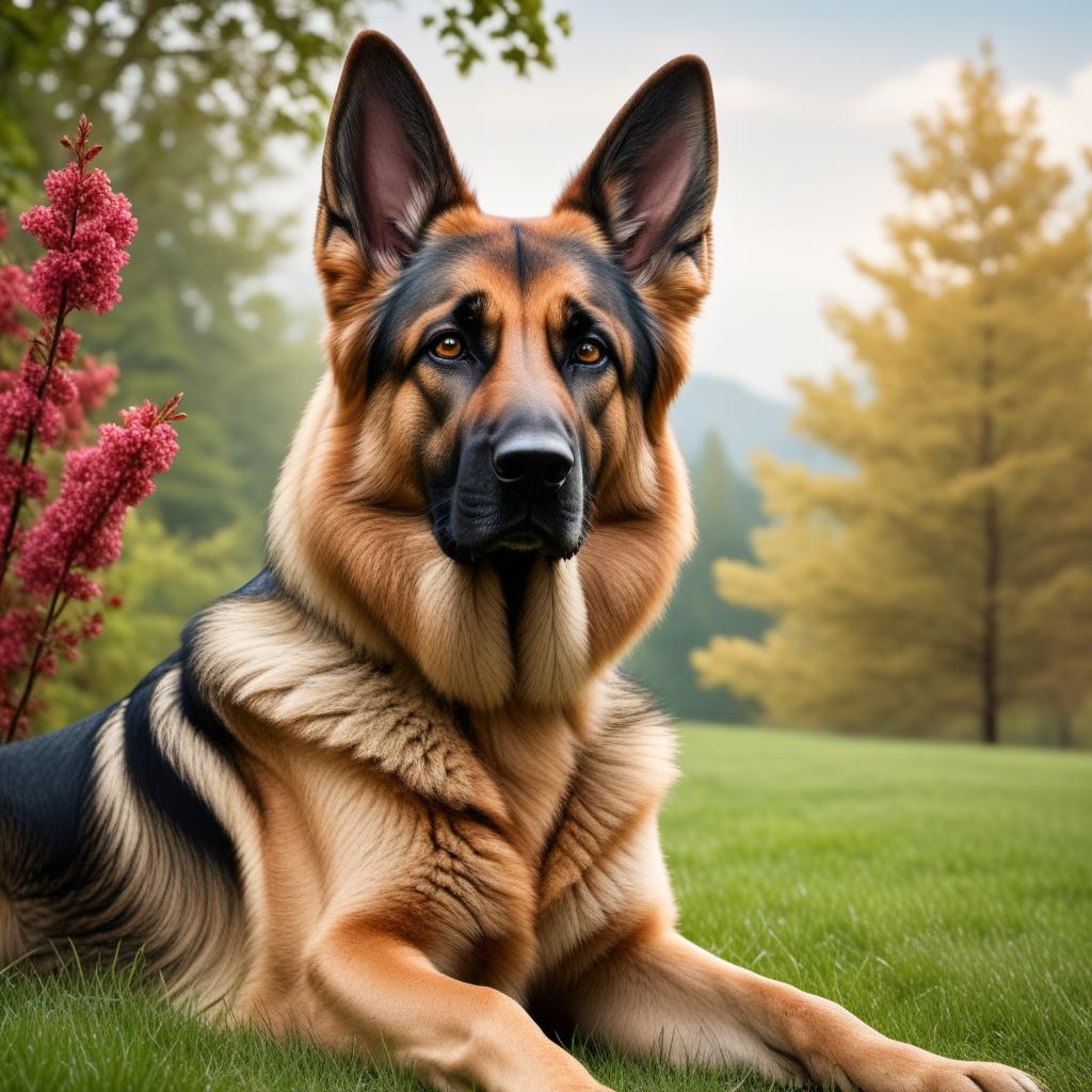  A detailed and lifelike picture of a German Shepherd sitting proudly. The dog should have its ears perked up, a confident stance, and be in a natural outdoor setting, such as a grassy field or park. The background should be bright with clear skies, showcasing the dog's majestic appearance. hyperrealistic, full body, detailed clothing, highly detailed, cinematic lighting, stunningly beautiful, intricate, sharp focus, f/1. 8, 85mm, (centered image composition), (professionally color graded), ((bright soft diffused light)), volumetric fog, trending on instagram, trending on tumblr, HDR 4K, 8K