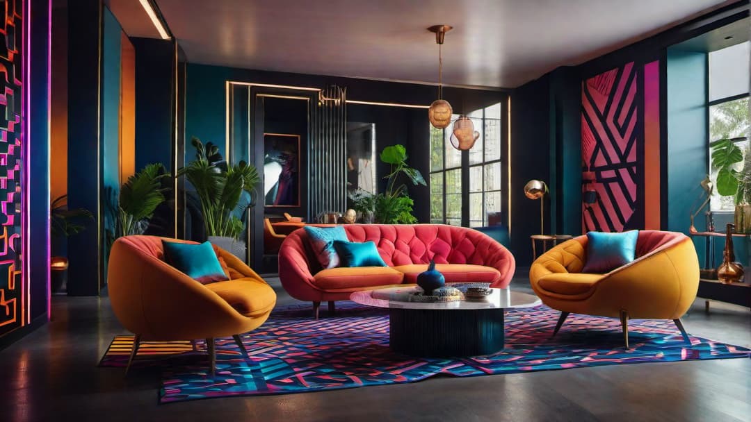  Create an image of an 80s retro home interior featuring a vibrant and eclectic living room. The design should include bold and colorful geometric patterns in the wallpaper and area rug. Furniture pieces like a retro geometric sofa and a futuristic armchair should be prominent. Add neon lights and metallic decor elements for a touch of modernity. The overall atmosphere should capture the essence of 80s interior style with a mix of vibrant colors, geometric shapes, and futuristic accents. hyperrealistic, full body, detailed clothing, highly detailed, cinematic lighting, stunningly beautiful, intricate, sharp focus, f/1. 8, 85mm, (centered image composition), (professionally color graded), ((bright soft diffused light)), volumetric fog, trending on instagram, trending on tumblr, HDR 4K, 8K