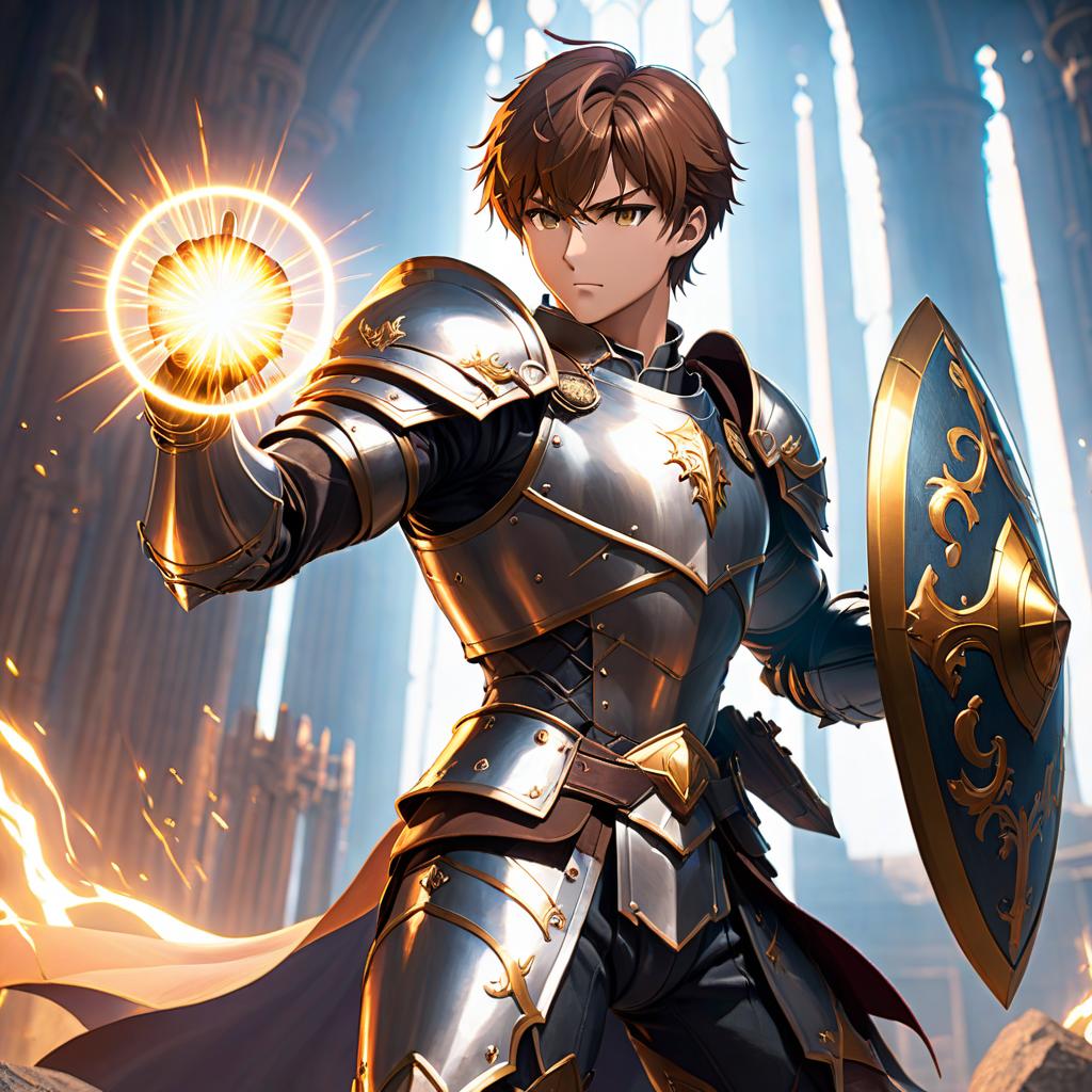  anime artwork a muscular knight with brown short hair with a magic shield in armor blocks blows . anime style, key visual, vibrant, studio anime, highly detailed hyperrealistic, full body, detailed clothing, highly detailed, cinematic lighting, stunningly beautiful, intricate, sharp focus, f/1. 8, 85mm, (centered image composition), (professionally color graded), ((bright soft diffused light)), volumetric fog, trending on instagram, trending on tumblr, HDR 4K, 8K