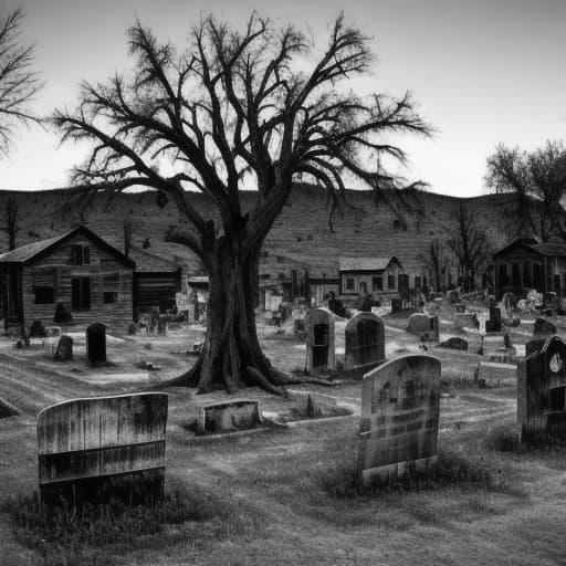  A rustic ghost town style graveyard with a large dead tree in the background.