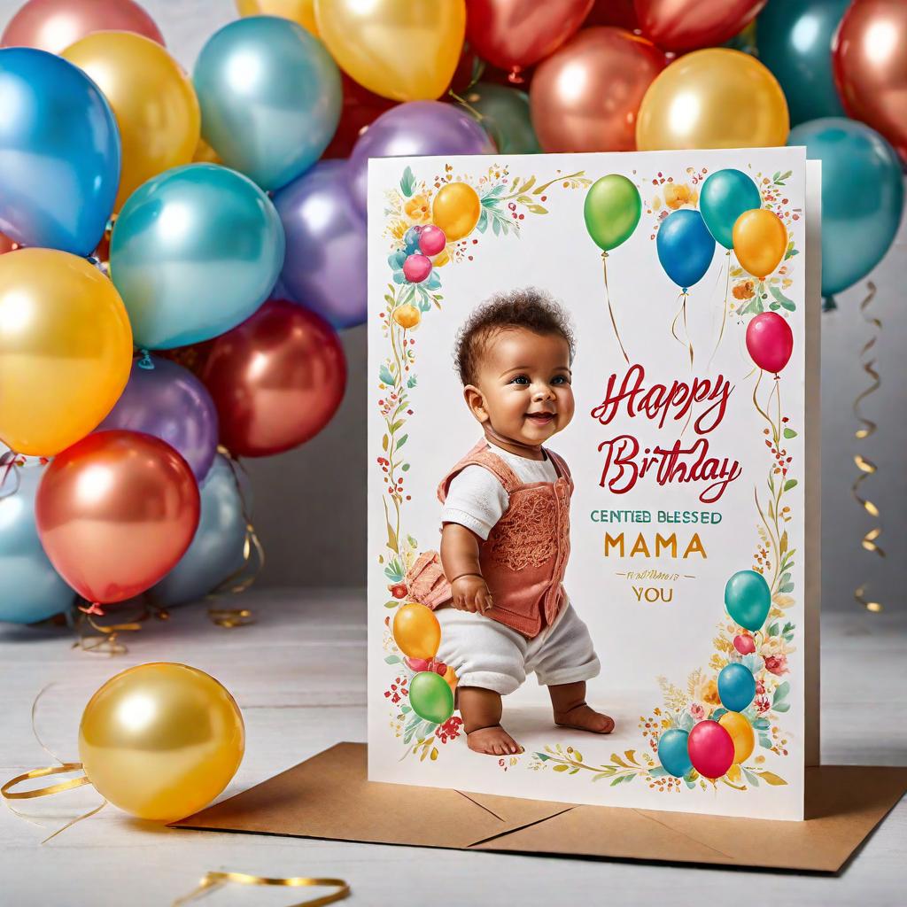  A festive and joyful birthday card with the message: 'Happy Blessed Birthday to Mama Asiila' The design should include colorful balloons, streamers, and a warm, cheerful atmosphere that conveys love and happiness. Add a cake and some family-friendly decorations. hyperrealistic, full body, detailed clothing, highly detailed, cinematic lighting, stunningly beautiful, intricate, sharp focus, f/1. 8, 85mm, (centered image composition), (professionally color graded), ((bright soft diffused light)), volumetric fog, trending on instagram, trending on tumblr, HDR 4K, 8K