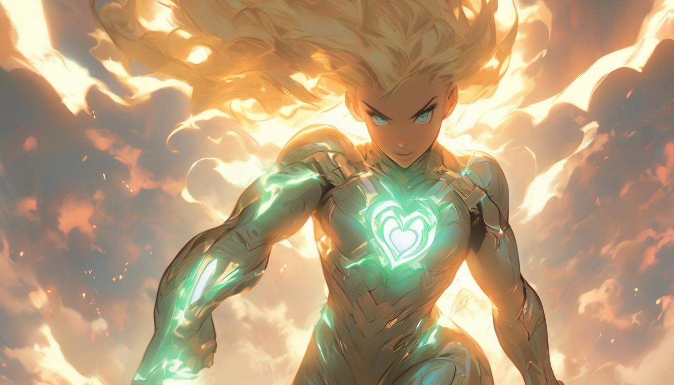  hyperrealism,fantasy aesthetic1woman, large busted attractive blonde arian female humanoid, heart chakra glowing, light beams spreading out, heavenly clouds, embodiment, serene, luminous, high tech clothing clad in sleek, futuristic costume with metallic accents and form fitting designs, marvel superhero comics style, unreal engine rendering