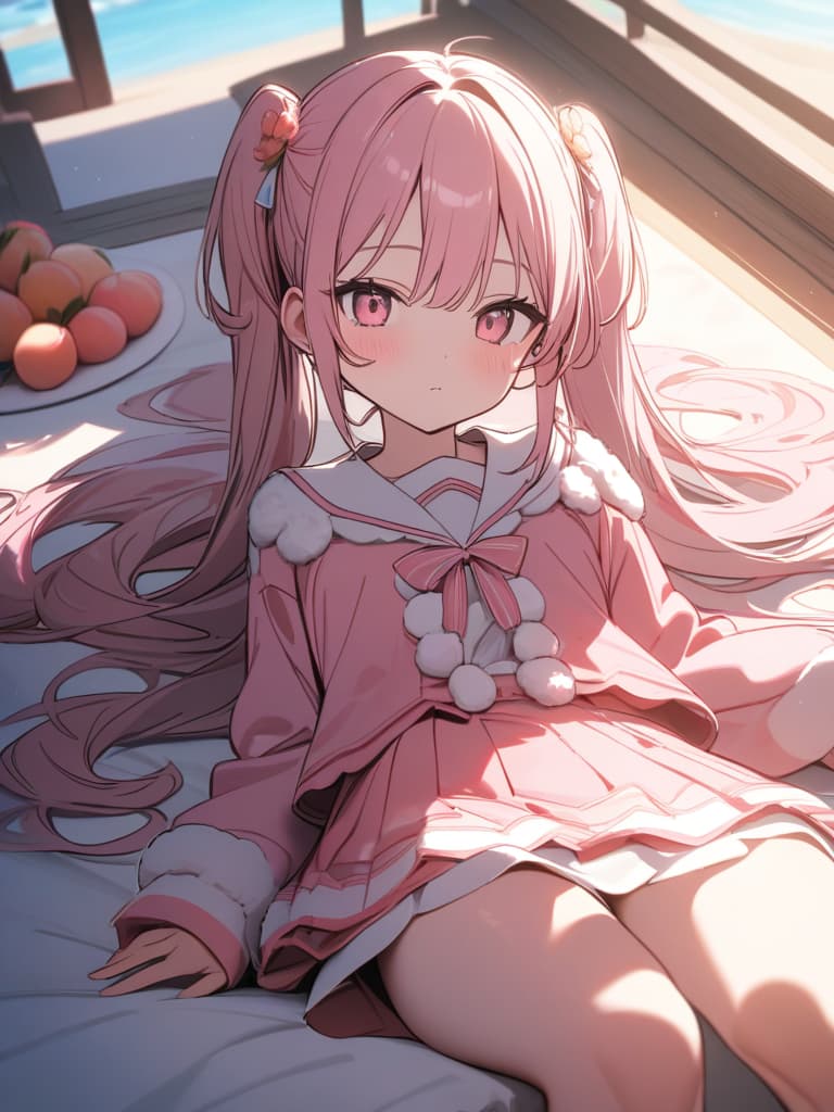  Cute, girl, thin body, fluffy hair, fluffy long hair, twin tails, pink hair color, pink eyes, pink eyes, sauce, peach decoration, peach, pink sailor suit, pink only feet in the sun. put in, masterpiece, best quality,8k,ultra detailed,high resolution,an extremely delicate and beautiful,hyper detail