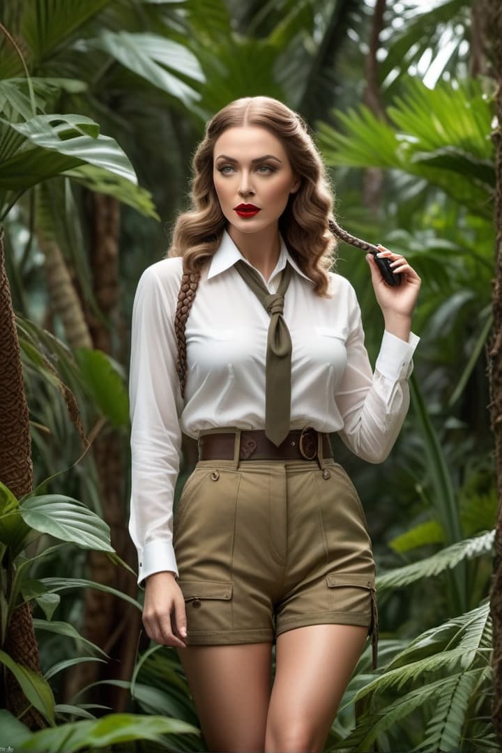  a 1920’s era yelling and screaming young female jungle explorer ,Lillian Gish, wearing her khaki shorts and shirt with khaki knee socks , is attacked by a python She wraps the python around her waist hyperrealistic, full body, detailed clothing, highly detailed, cinematic lighting, stunningly beautiful, intricate, sharp focus, f/1. 8, 85mm, (centered image composition), (professionally color graded), ((bright soft diffused light)), volumetric fog, trending on instagram, trending on tumblr, HDR 4K, 8K