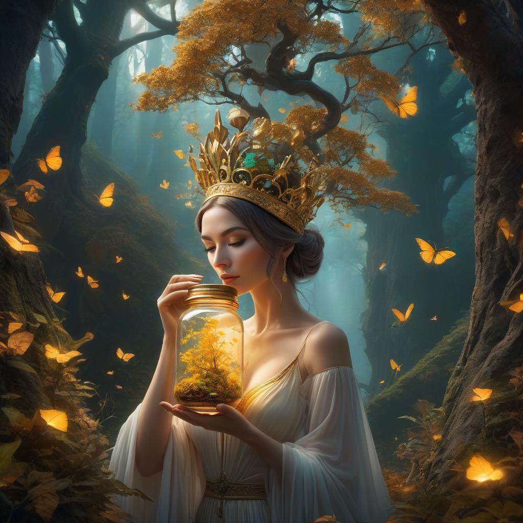  (digital art, masterpiece, difficulty: 1.3), under a tree, locked in a jar, a beautiful fairy queen wearing a small golden crown on her head, inspired by the style of Cyril Rolando (influenced by Beeple and Jeremiah Ketner: 1,2), (inspired by Josan Gonzalez and Dan Mumford): 1.1, surreal and whimsical concept, detailed and thoughtful design of the can, bright and dreamlike colors, fantastic setting, high definition rendering, captivating combination of styles, intricate patterns and textures, unearthly glow, magical atmosphere, fairy tale, fantasy hyperrealistic, full body, detailed clothing, highly detailed, cinematic lighting, stunningly beautiful, intricate, sharp focus, f/1. 8, 85mm, (centered image composition), (professionally color graded), ((bright soft diffused light)), volumetric fog, trending on instagram, trending on tumblr, HDR 4K, 8K