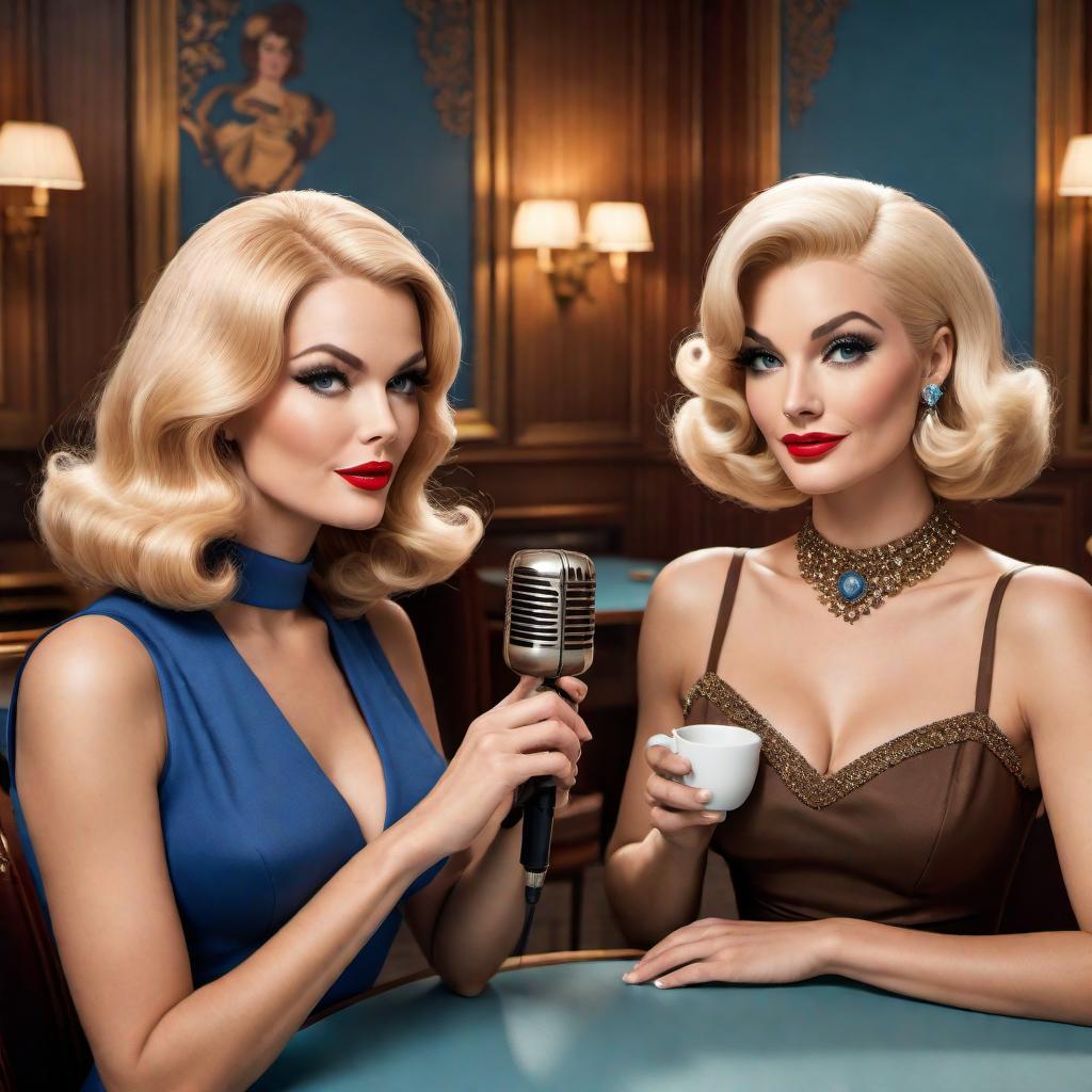  A glamorous vintage 60s cartoon-style podcast cover featuring two women in a beautiful, glamorous room. They are sitting at a table with a prominent microphone and one or two espresso cups. One woman has blonde hair and blue eyes, with a chic bob hairstyle and wearing a stylish dress. The other woman has brown hair and brown eyes with distinct facial features and long wavy hair, wearing a retro outfit. The background includes elements of a glamorous room from the 60s, with elegant decor, luxurious furniture, and a warm, inviting atmosphere. The women are having fun, laughing, and talking. Ensure the microphone is clearly included on the table for the podcast setup. The overall style is bright, colorful, and nostalgic with a 60s cartoon draw hyperrealistic, full body, detailed clothing, highly detailed, cinematic lighting, stunningly beautiful, intricate, sharp focus, f/1. 8, 85mm, (centered image composition), (professionally color graded), ((bright soft diffused light)), volumetric fog, trending on instagram, trending on tumblr, HDR 4K, 8K