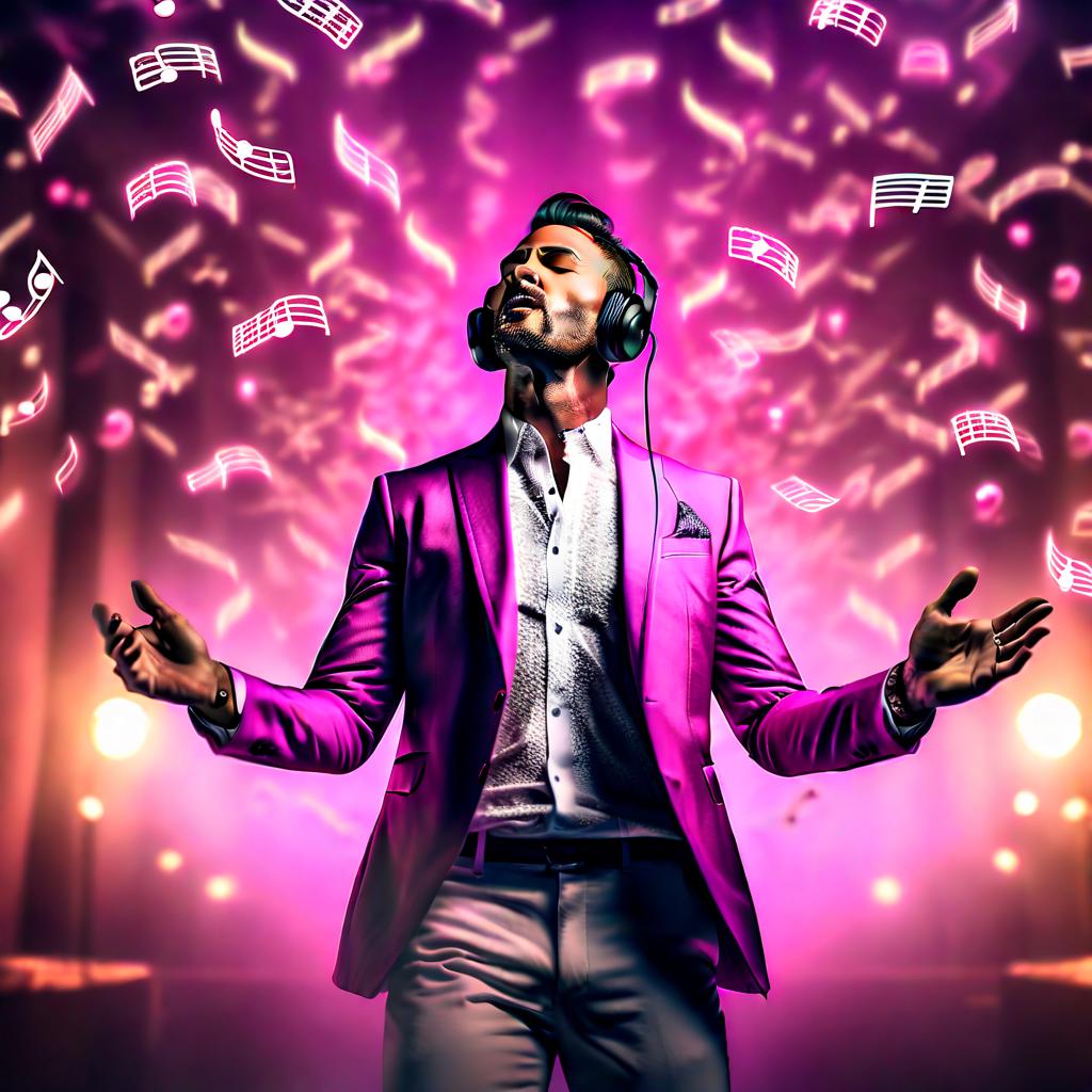  A surreal visual of a lightly backward facing musician touching floating notes in the air with one hand holding his earphone, dominated by pink and purple colors hyperrealistic, full body, detailed clothing, highly detailed, cinematic lighting, stunningly beautiful, intricate, sharp focus, f/1. 8, 85mm, (centered image composition), (professionally color graded), ((bright soft diffused light)), volumetric fog, trending on instagram, trending on tumblr, HDR 4K, 8K