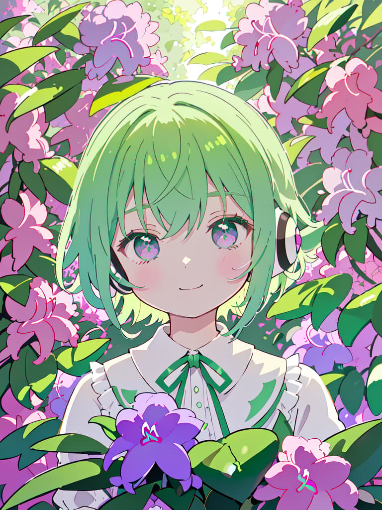  masterpiece,one woman,pretty,delicate green hair color,glossy hair color,short hair,headphones,purple eye color,smile,{{{satsuki azalea(Rhododendron indicum)}}},natural light,warm sunlight,high resolution,high quality,8K, masterpiece, best quality,8k,ultra detailed,high resolution,an extremely delicate and beautiful,hyper detail