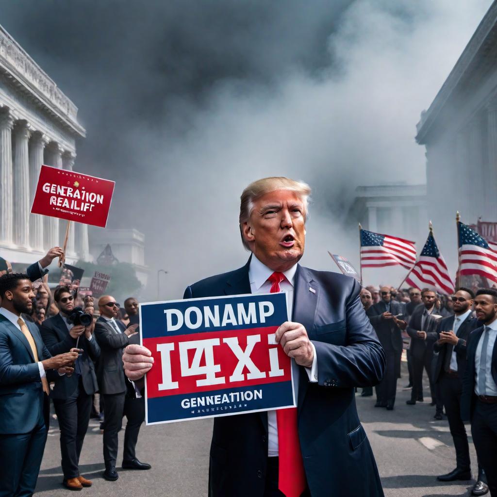  Donald Trump holding a sign that reads 'Generation X' hyperrealistic, full body, detailed clothing, highly detailed, cinematic lighting, stunningly beautiful, intricate, sharp focus, f/1. 8, 85mm, (centered image composition), (professionally color graded), ((bright soft diffused light)), volumetric fog, trending on instagram, trending on tumblr, HDR 4K, 8K