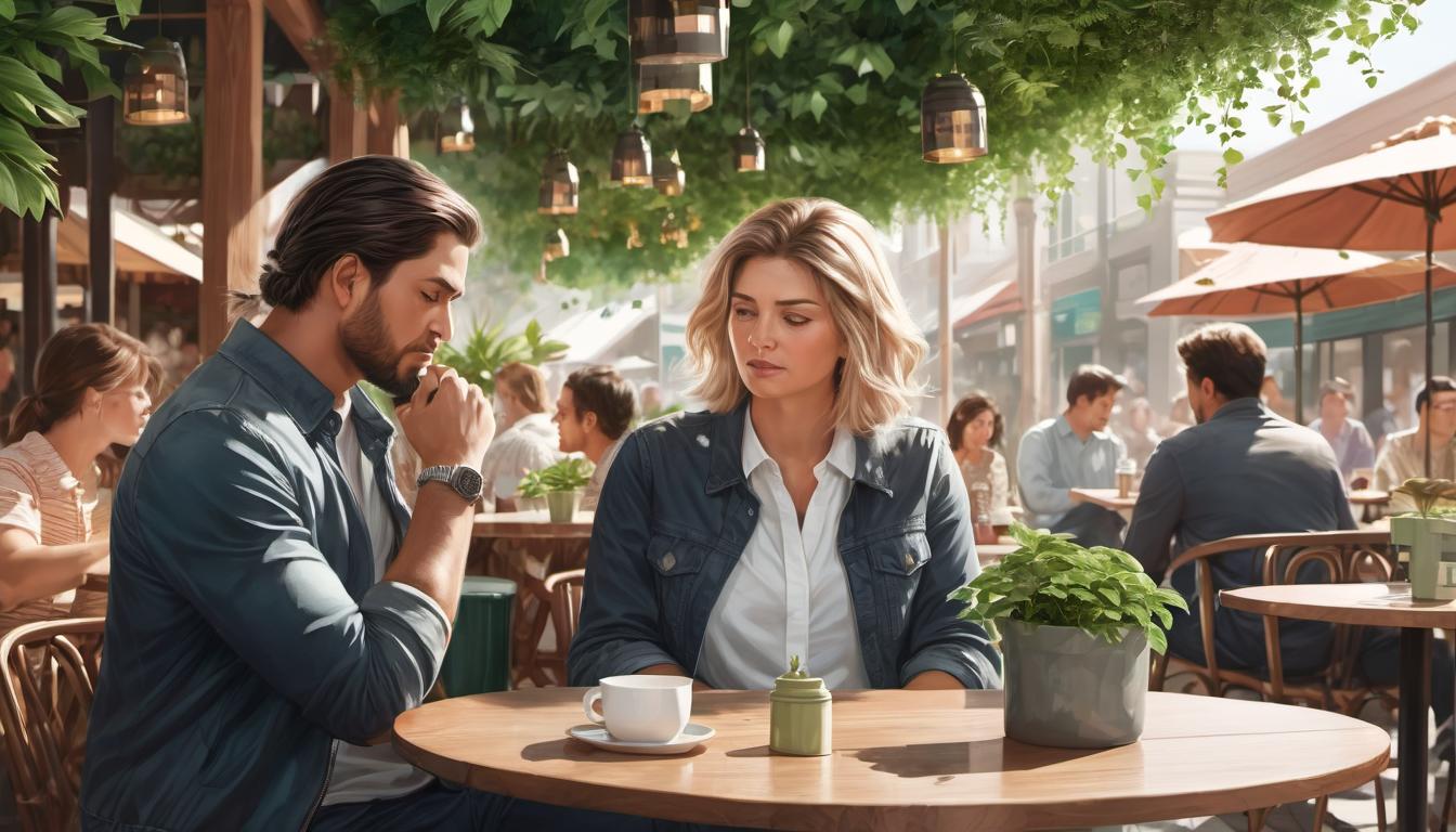  digital illustration, 1woman, receiving an angry text from 1man, outdoor cafe with hanging plants, afternoon light, she looks upset, tension, frustration, looking at viewer, dynamic pose, (intricate details, masterpiece, best quality)