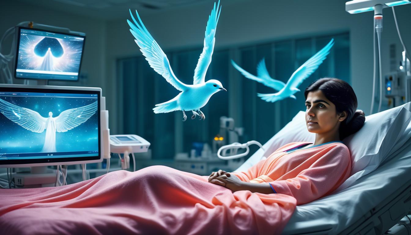  fluorescent dust, fluorescent spraypaint, fluorescent grain, fluorescent make up Malala Yousafzai on a hospital bed, her face showing strength and recovery. Around her, gentle angels with comforting gestures, their wings creating a protective barrier. The background is a mix of hospital equipment and a faint glow of resilience and hope.dust, cinematic film, best quality, high resolution, realistic, 8k, dynamic angle, serene, extremely detailed, absurdres particle effect, wonderful night dreamlike glowing masterpiece, celestial, detailed, realistic, image concept art, phenomenal mesmerise, maximalist,