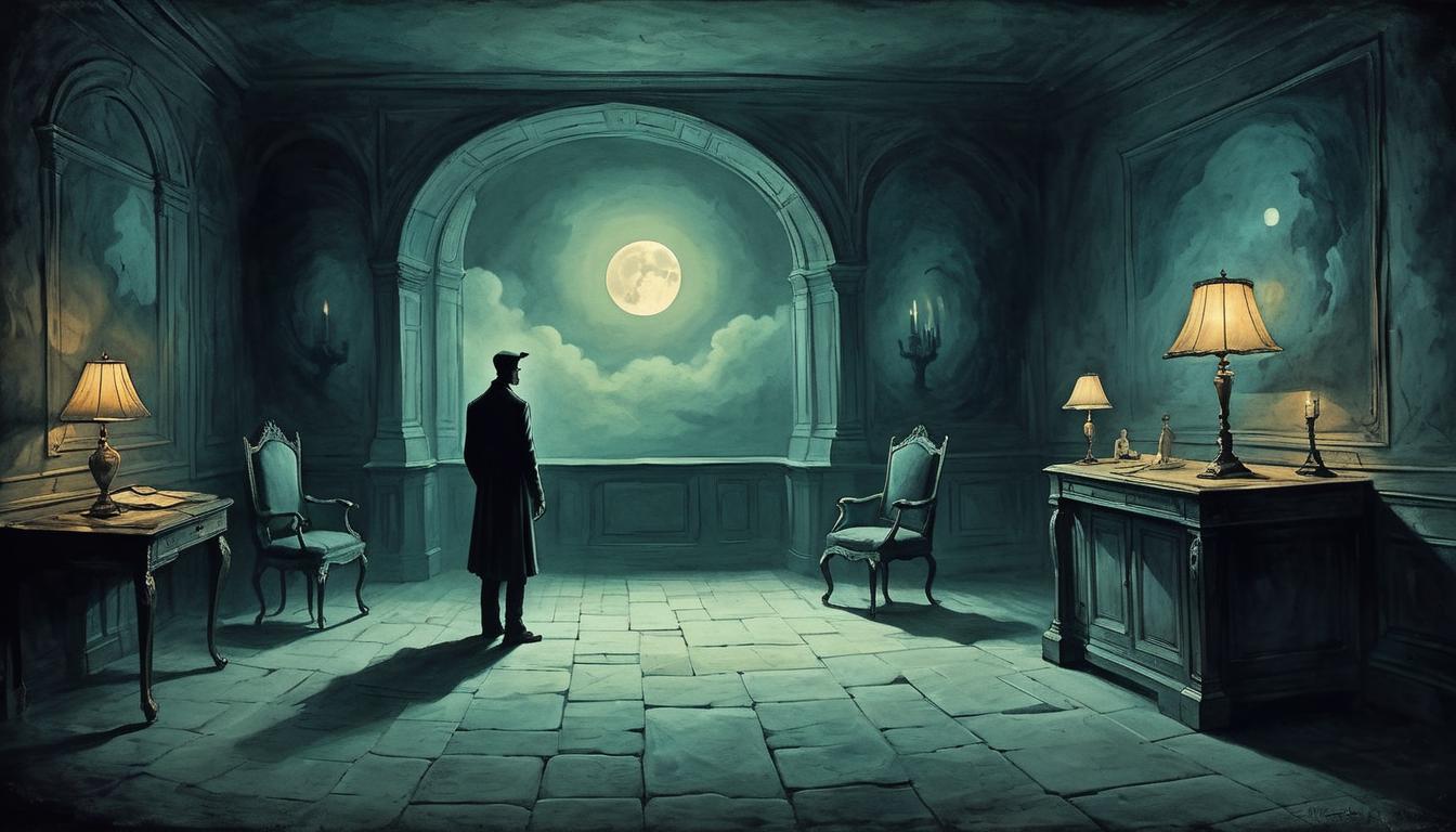  on parchment, surrealism+++, A lone figure in a dark, moonlit room, surroundings dimly visible, vivid spectral apparitions floating around, tension and solitude, haunting atmosphere(mysterious, provocative, symbolic,muted color)+++