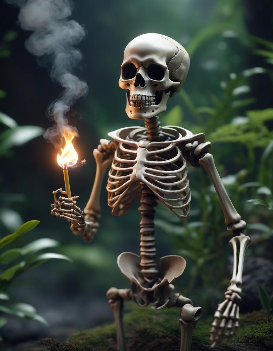  3D visualization, UnrealEngine, chibi skeleton smoking bamboo hyperrealistic, full body, detailed clothing, highly detailed, cinematic lighting, stunningly beautiful, intricate, sharp focus, f/1. 8, 85mm, (centered image composition), (professionally color graded), ((bright soft diffused light)), volumetric fog, trending on instagram, trending on tumblr, HDR 4K, 8K