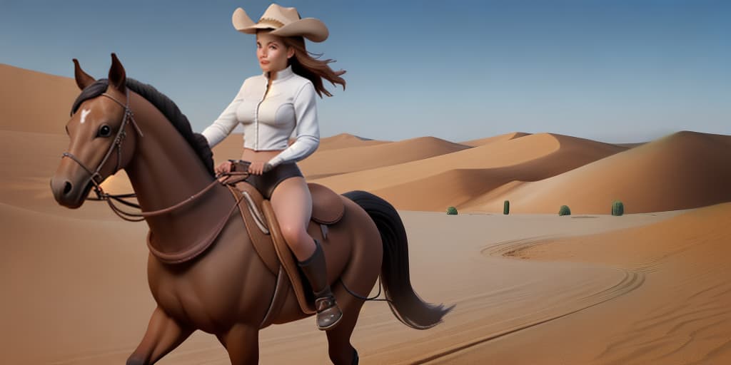  photo of a woman wearing underwear and riding a horse at desert