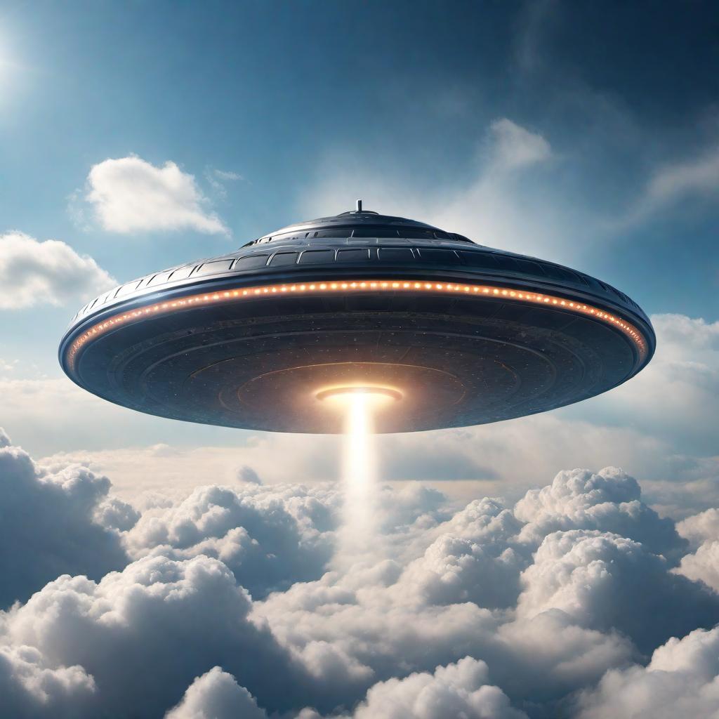  An artistic representation of a massive unidentified flying object (UFO) hovering in the sky, surrounded by clouds. The UFO should appear futuristic and mysterious, capturing the imagination of viewers. hyperrealistic, full body, detailed clothing, highly detailed, cinematic lighting, stunningly beautiful, intricate, sharp focus, f/1. 8, 85mm, (centered image composition), (professionally color graded), ((bright soft diffused light)), volumetric fog, trending on instagram, trending on tumblr, HDR 4K, 8K