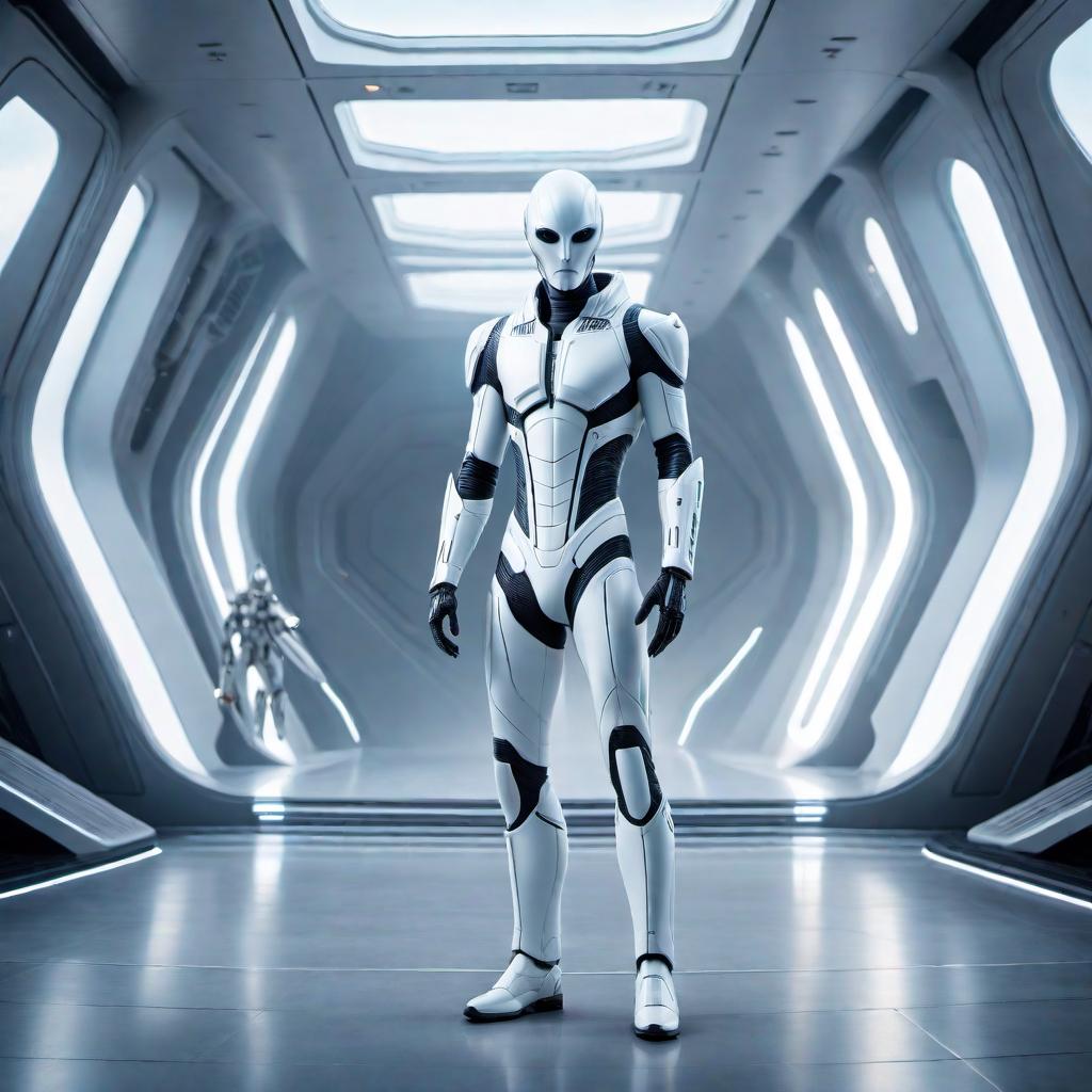  A tall white Nordic alien standing on the steps of a spaceship with his hand out, futuristic background, spaceship with steps, alien with humanoid features, serene and inviting expression. hyperrealistic, full body, detailed clothing, highly detailed, cinematic lighting, stunningly beautiful, intricate, sharp focus, f/1. 8, 85mm, (centered image composition), (professionally color graded), ((bright soft diffused light)), volumetric fog, trending on instagram, trending on tumblr, HDR 4K, 8K