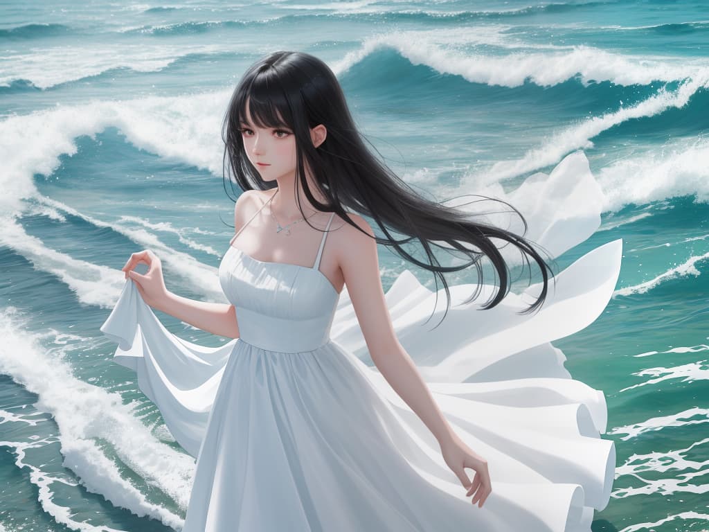  Girl, white dress, black hair, 1 person, sandy beach, masterpiece, best quality,8k,ultra detailed,high resolution,an extremely delicate and beautiful,hyper detail