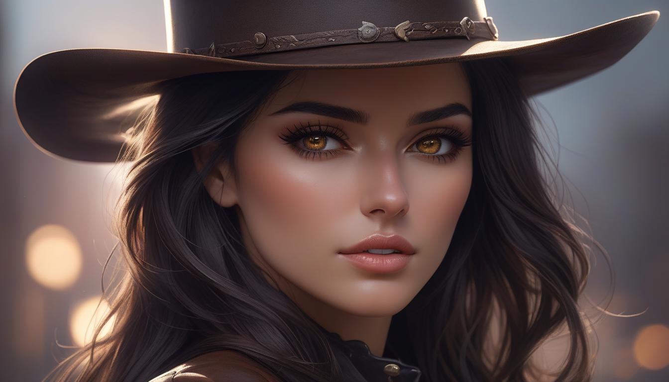  hyperrealistic art . . Close up frontal, facial shot of a mysterious, rugged, daring looking woman with dark hair, lifting one hand to tip the brim of he fashioned dark leather cowboy hat with the tips of her fingers, medium bare s, erect s,only her head can be seen and the background is dark, matte and bokeh, and undiscernable. And her head is right in front of the view, blocking everything else but it is all black nothingness. Her dark brown eyes glint like fire and hold a challenging and daring glare. The brim of her cowboy hat and her hand are covering her left eye, her skin is tan and very smooth, her hair dark brown and wavy and falling across her cheek on the right side of her face. . extremely hyperrealistic, full body, detailed clothing, highly detailed, cinematic lighting, stunningly beautiful, intricate, sharp focus, f/1. 8, 85mm, (centered image composition), (professionally color graded), ((bright soft diffused light)), volumetric fog, trending on instagram, trending on tumblr, HDR 4K, 8K