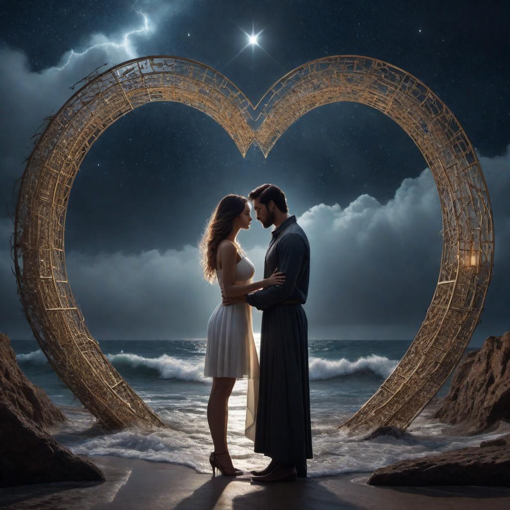  A poem visualization that shows the complex emotional connection between two people. The scene shows a comforting embrace under a night sky with shadows to represent the hidden struggles. There's a maze symbolizing the complexity of Kimberly's heart. Gentle, warm light illuminates them to signify love and hope. The background subtly shows stormy seas and a changing tide to represent life’s challenges. A divine, sacred aura should envelop them, indicating the strength and purity of love. hyperrealistic, full body, detailed clothing, highly detailed, cinematic lighting, stunningly beautiful, intricate, sharp focus, f/1. 8, 85mm, (centered image composition), (professionally color graded), ((bright soft diffused light)), volumetric fog, trending on instagram, trending on tumblr, HDR 4K, 8K