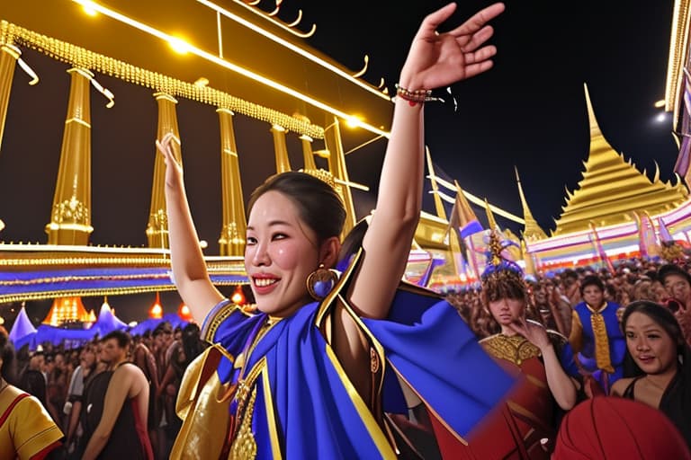  Party at the palace, celebrating victory outside Thai palace in the night sooooo many people There are warriors Look at the picture from a distant perspective.