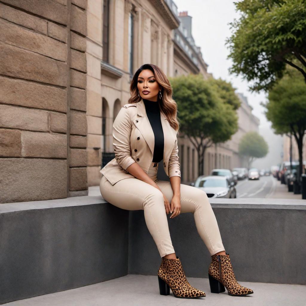  A curvy woman wearing a black top, a beige jacket, black skinny jeans, and leopard print boots. hyperrealistic, full body, detailed clothing, highly detailed, cinematic lighting, stunningly beautiful, intricate, sharp focus, f/1. 8, 85mm, (centered image composition), (professionally color graded), ((bright soft diffused light)), volumetric fog, trending on instagram, trending on tumblr, HDR 4K, 8K