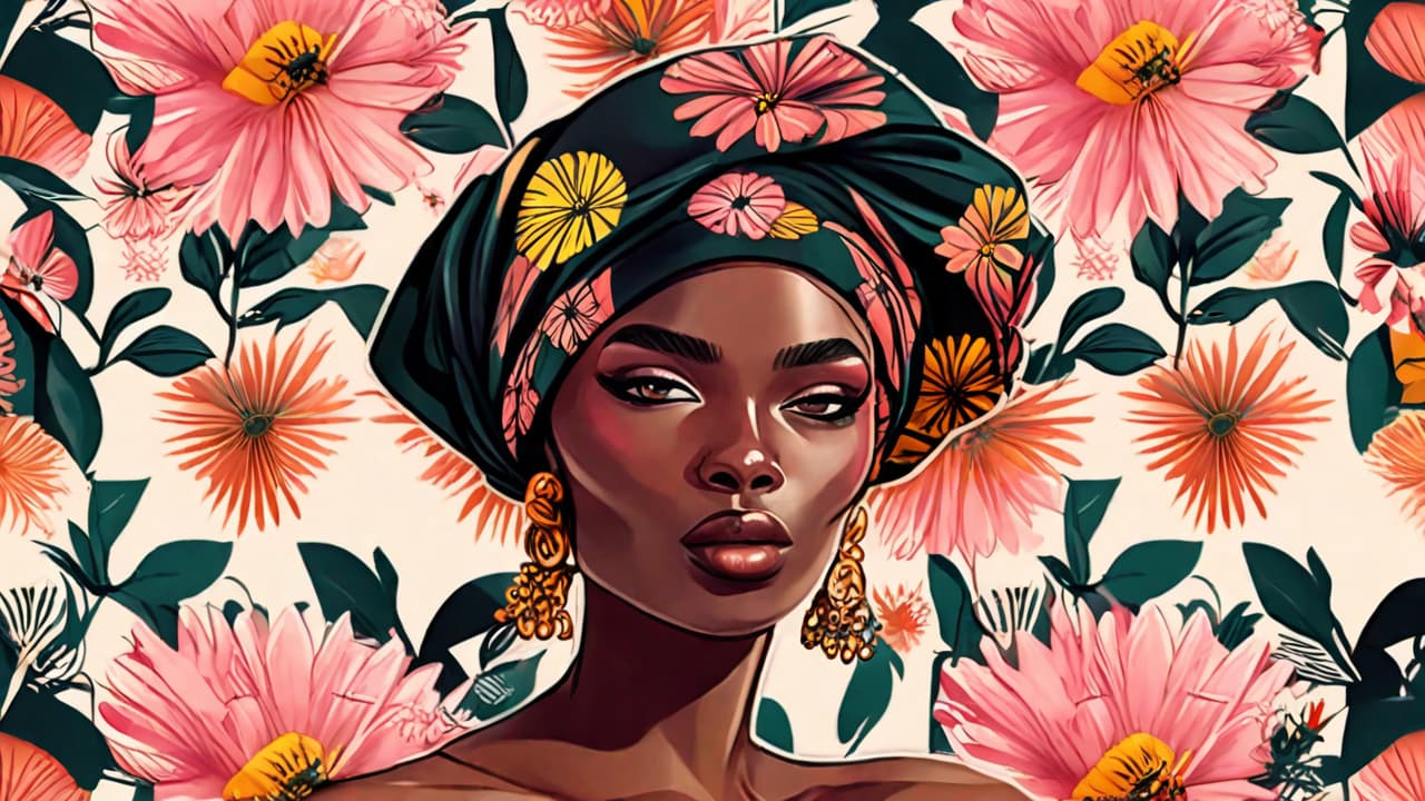  best quality, HD, Black woman in African turban, flower background, floral aesthetic. Natural cosmetics female model in traditional head wrap. Fashion and beauty stylish illustration