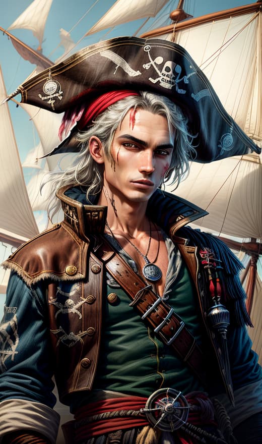  man pirate portrait , sails, fire, clothes made of rags, seaweed, pixar style by tristan eaton stanley artgerm and tom bagshaw