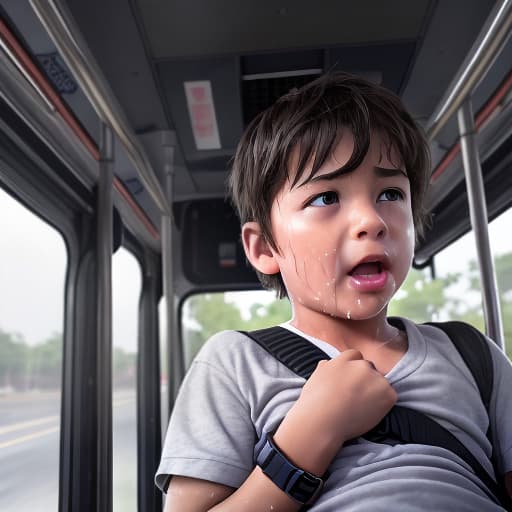  a very sweaty very young boy, caught on a public bus, is discovered by the viewer. The young 's face is rendered in exquisite detail, a look of and arousal as he realizes he's been caught the boy on the bus seat lets out a stream of warm, viscous liquid shooting out from his huge engorged erect tip coating his and splattering onto the floor of the bus, the pinnacle of his is his sweaty features, high-angle shot, dramatic angle, extreme angle shot, photo-realistic, volumetric fog, 85mm lens, HDR, cinematic