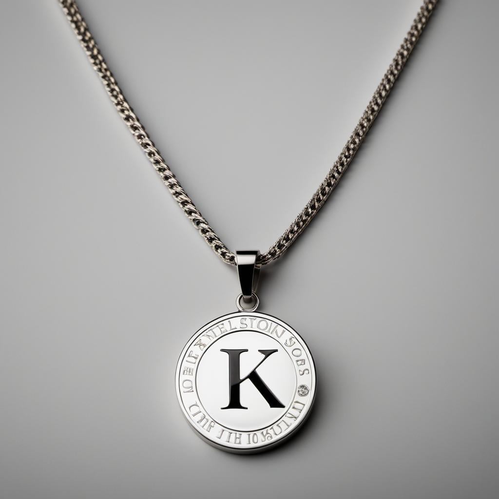  A pendant with the letters 'RFK Jr' elegantly engraved in a stylish and classic font. The pendant should have a polished, shiny metallic finish, preferably gold or silver, and a simple, elegant chain. hyperrealistic, full body, detailed clothing, highly detailed, cinematic lighting, stunningly beautiful, intricate, sharp focus, f/1. 8, 85mm, (centered image composition), (professionally color graded), ((bright soft diffused light)), volumetric fog, trending on instagram, trending on tumblr, HDR 4K, 8K