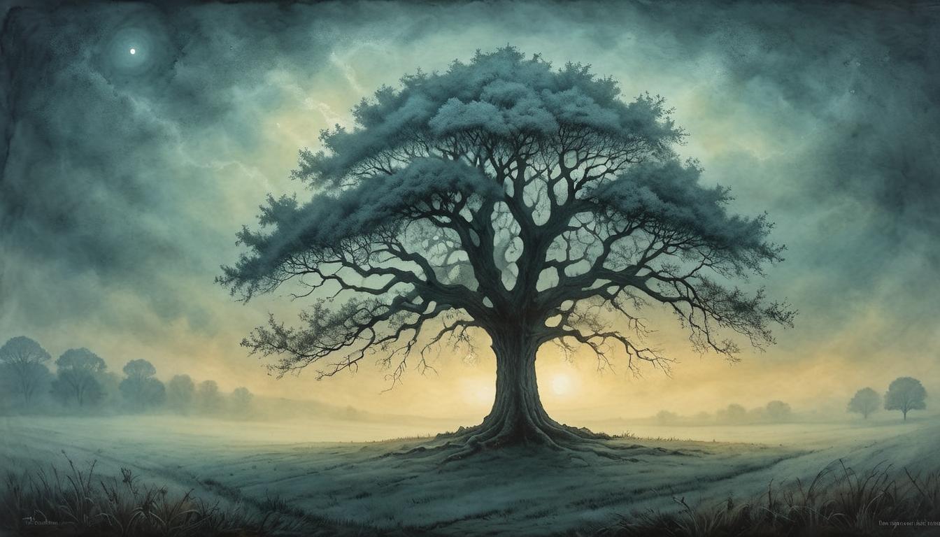  on parchment, surrealism+++, A lone tree standing in a vast, misty field, tree glowing faintly, pre dawn light, serene, solitary, quietly powerful(mysterious, provocative, symbolic,muted color)+++