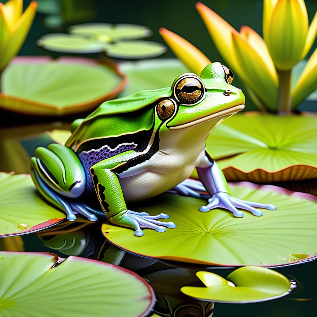  Imagine a princess frog, majestically sitting on a large green lily pad floating on the calm water surface of a pond. Around her, in a gentle dance, flutter colorful butterflies, adding picturesque and magical touch to this scene. The lighting should be soft and scattered to highlight the tranquility and beauty of nature. hyperrealistic, full body, detailed clothing, highly detailed, cinematic lighting, stunningly beautiful, intricate, sharp focus, f/1. 8, 85mm, (centered image composition), (professionally color graded), ((bright soft diffused light)), volumetric fog, trending on instagram, trending on tumblr, HDR 4K, 8K