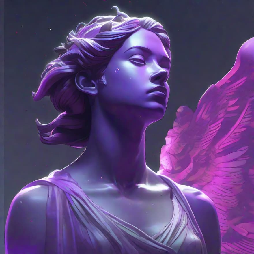  A hyper realistic opal statue of Greek goddesses of dreams ((Oneiros)) Athena with colourful of purple, metallic carvings purple, (((blurred gray background))) in the style of Michael Whelan and Gustave Dore. Hyperdetailed photorealism, 108 megapixels, purple amazing depth, glowing rich colors, powerful imagery, psychedelic" illustration, 3D finalrender, 3d shading, cinematic lighting, artstation concept art, smooth, sharp focus, illustration, art by John Collier and Albert Aublet and Krenz Cushart and Artem Demura and Alphonse Mucha and maya takamura and frank frazetta, 8k, an epic fantasy, Trending on artstation. GTA cover art. Digital art. Highly detailed. Octane render. " beautiful light. By Makoto Shinkai, Ilya Kuvshinov, WLOP,, Ultr