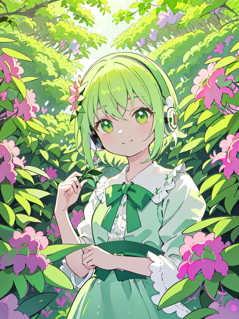  masterpiece,one woman,pretty,delicate green hair color,glossy hair color,short hair,headphones,green eye color,smile,{{{satsuki azalea(Rhododendron indicum)}}},natural light,warm sunlight,high resolution,high quality,8K, masterpiece, best quality,8k,ultra detailed,high resolution,an extremely delicate and beautiful,hyper detail