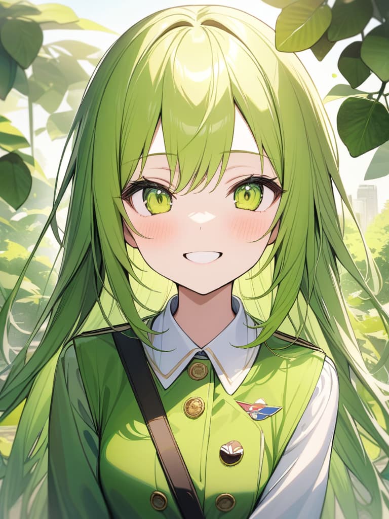  Cute, , yellow green eyes, yellow green hair color, kiwi decoration, kiwi fruit, eyes, green s, upper greens, uniforms, white shirts, smiles, double teeth, masterpiece, best quality,8k,ultra detailed,high resolution,an extremely delicate and beautiful,hyper detail