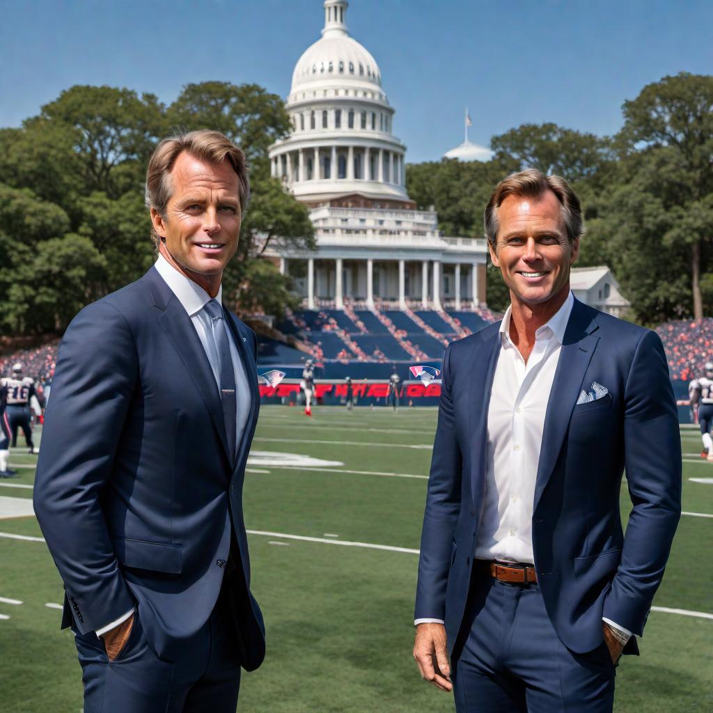  Robert F. Kennedy Jr. and Tom Brady standing together with the New England Patriots football logo in the background. Tom Brady should be in his Patriots uniform holding a football, and Robert F. Kennedy Jr. should be dressed in a suit and smiling. The background should prominently feature the New England Patriots logo. hyperrealistic, full body, detailed clothing, highly detailed, cinematic lighting, stunningly beautiful, intricate, sharp focus, f/1. 8, 85mm, (centered image composition), (professionally color graded), ((bright soft diffused light)), volumetric fog, trending on instagram, trending on tumblr, HDR 4K, 8K