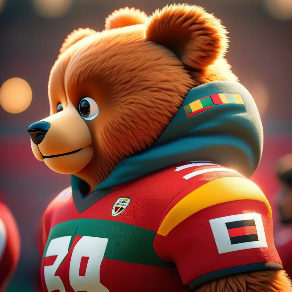  ethereal fantasy concept art of (Mascot):teddy bear, soft toy, football, game, mascot. (Appearance):dressed in a football uniform in the colours of the German national flag. In his paws holds a football. (Style:fantasy, cartoon) . magnificent, celestial, ethereal, painterly, epic, majestic, magical, fantasy art, cover art, dreamy, hkmagic hyperrealistic, full body, detailed clothing, highly detailed, cinematic lighting, stunningly beautiful, intricate, sharp focus, f/1. 8, 85mm, (centered image composition), (professionally color graded), ((bright soft diffused light)), volumetric fog, trending on instagram, trending on tumblr, HDR 4K, 8K